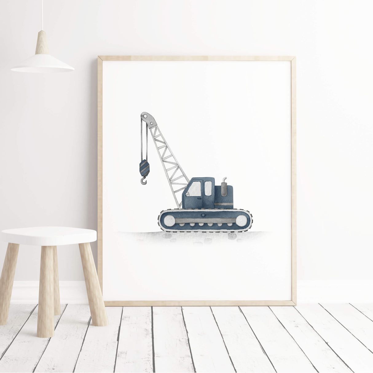 Boys room decor with panel dark blue digger car tractor wall prints