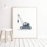 Boys room decor with panel dark blue digger car tractor wall prints