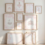 pink ballerina nursery wall art set with swan carriage and quote prints digital download