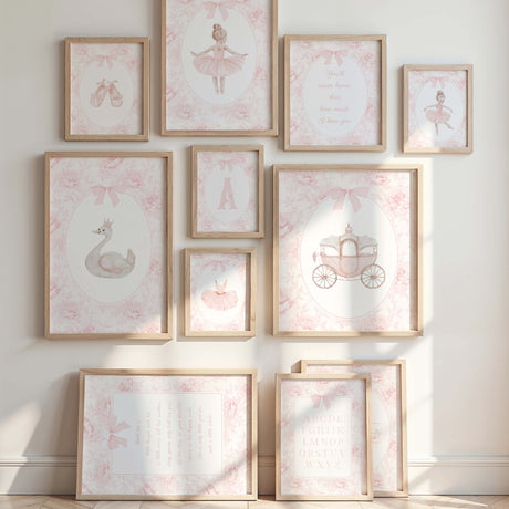 pink ballerina nursery wall art set with swan carriage and quote prints digital download