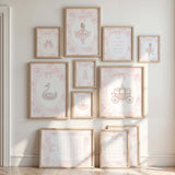 princess themed pink floral wall art printable baby girl room decor with bow and ballerina