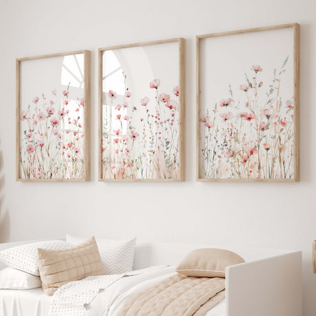 Soft pink wildflower printable wall art set of 3 for bedroom decor