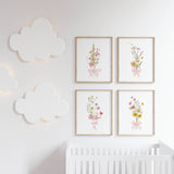 spring wildflower digital wall art pastel bouquet pink bow print set