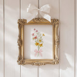 pastel wildflower bouquet prints digital download wall art with pink ribbons and neutral background