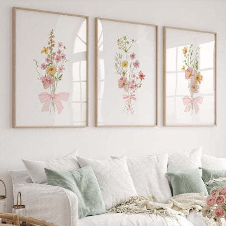 pink floral wall art set of six printable flower prints with pink bow for nursery or living room decor