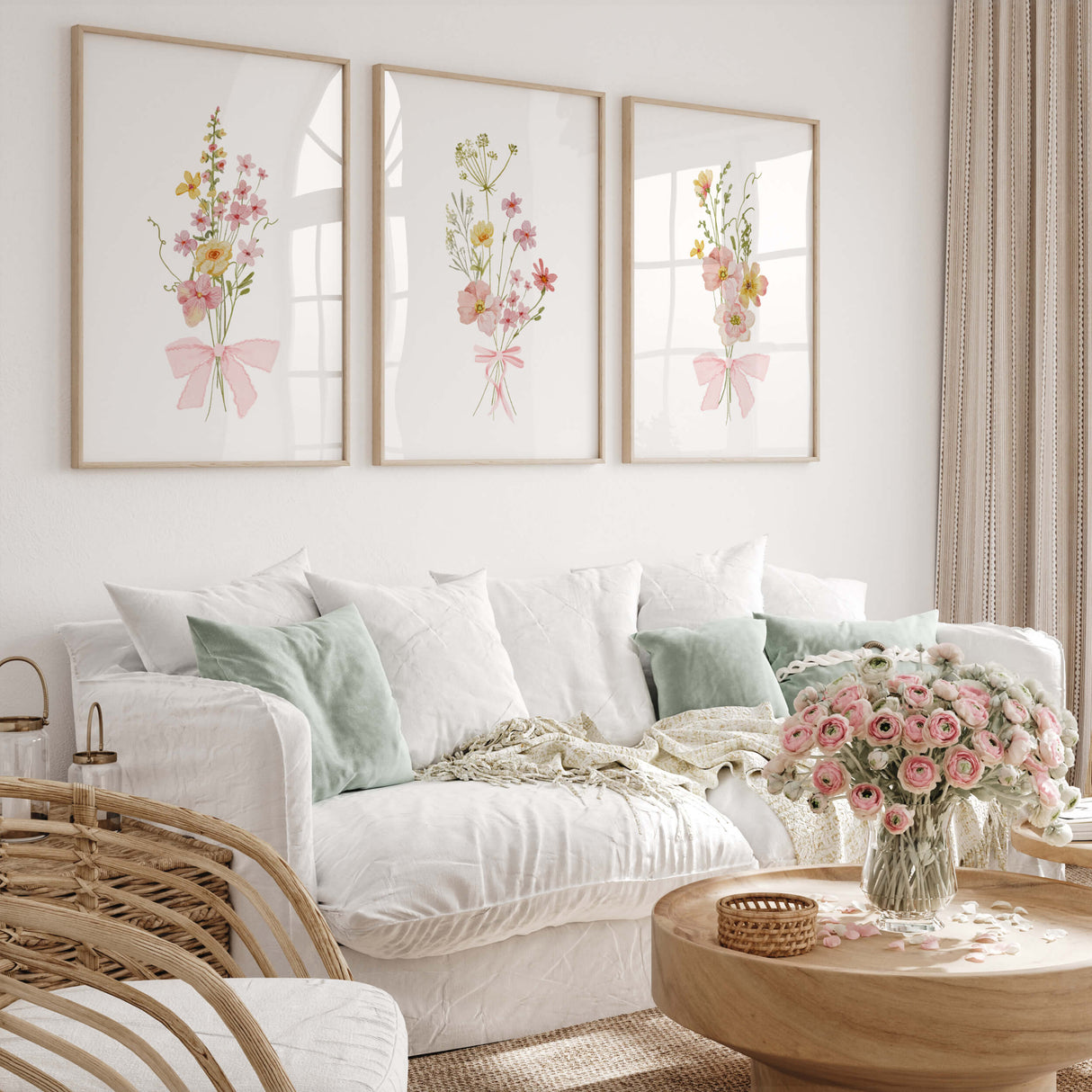 pastel wildflower bouquet prints digital download wall art with pink ribbons and neutral background