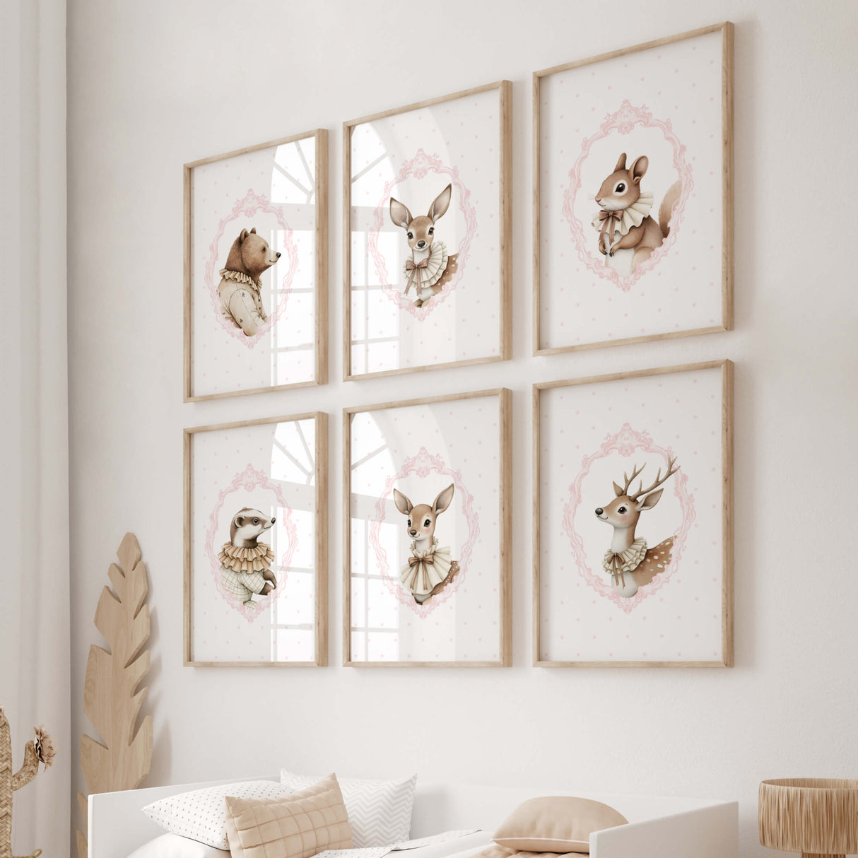 Watercolor pink beige vintage animal with pink polka dots background printable for baby girls room decro, victorian nursery decor, pink nursery decor, rococo nursery decor, luxury nursery decor, baroque nursery decor, includes animals: deer, bear, squirrel, badger.