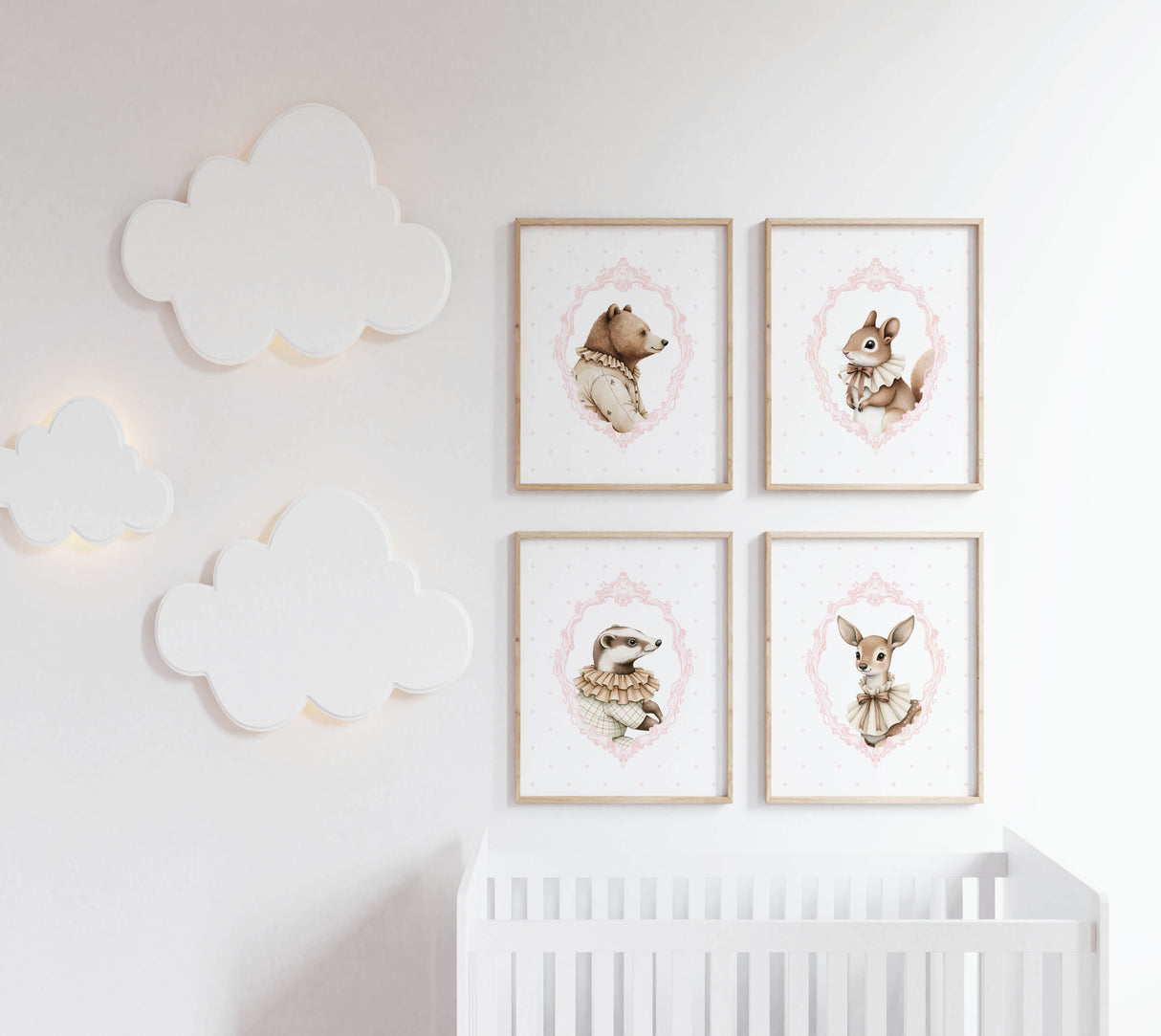 Watercolor pink beige vintage forest animal portrait with pink polka dots background printable for baby girls room decro, victorian nursery decor, pink nursery decor, rococo nursery decor, luxury nursery decor, baroque nursery decor.