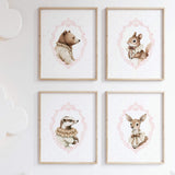 Watercolor pink beige vintage forest animal portrait with pink polka dots background poster for baby girls room decro, victorian nursery decor, pink nursery decor, rococo nursery decor, luxury nursery decor, baroque nursery decor.