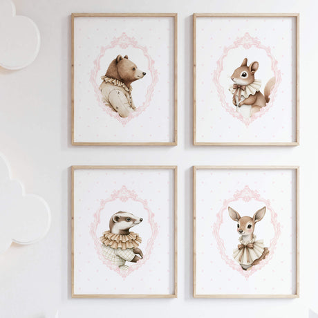Watercolor pink beige vintage forest animal portrait with pink polka dots background poster for baby girls room decro, victorian nursery decor, pink nursery decor, rococo nursery decor, luxury nursery decor, baroque nursery decor.