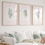 Pink striped nursery wall art set with blue wildflowers and hydrangeas printable

