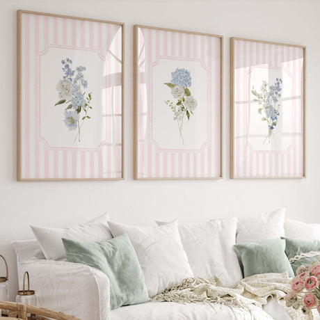 Pink striped nursery wall art set with blue wildflowers and hydrangeas printable

