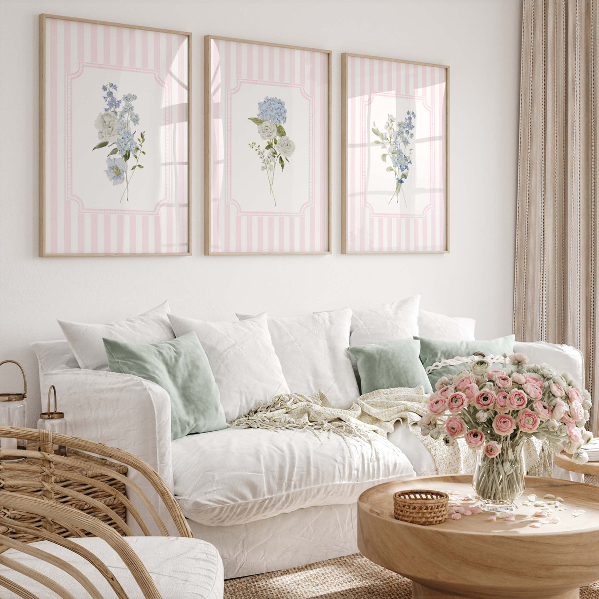 Pink and white striped floral printable wall art for baby girl room

