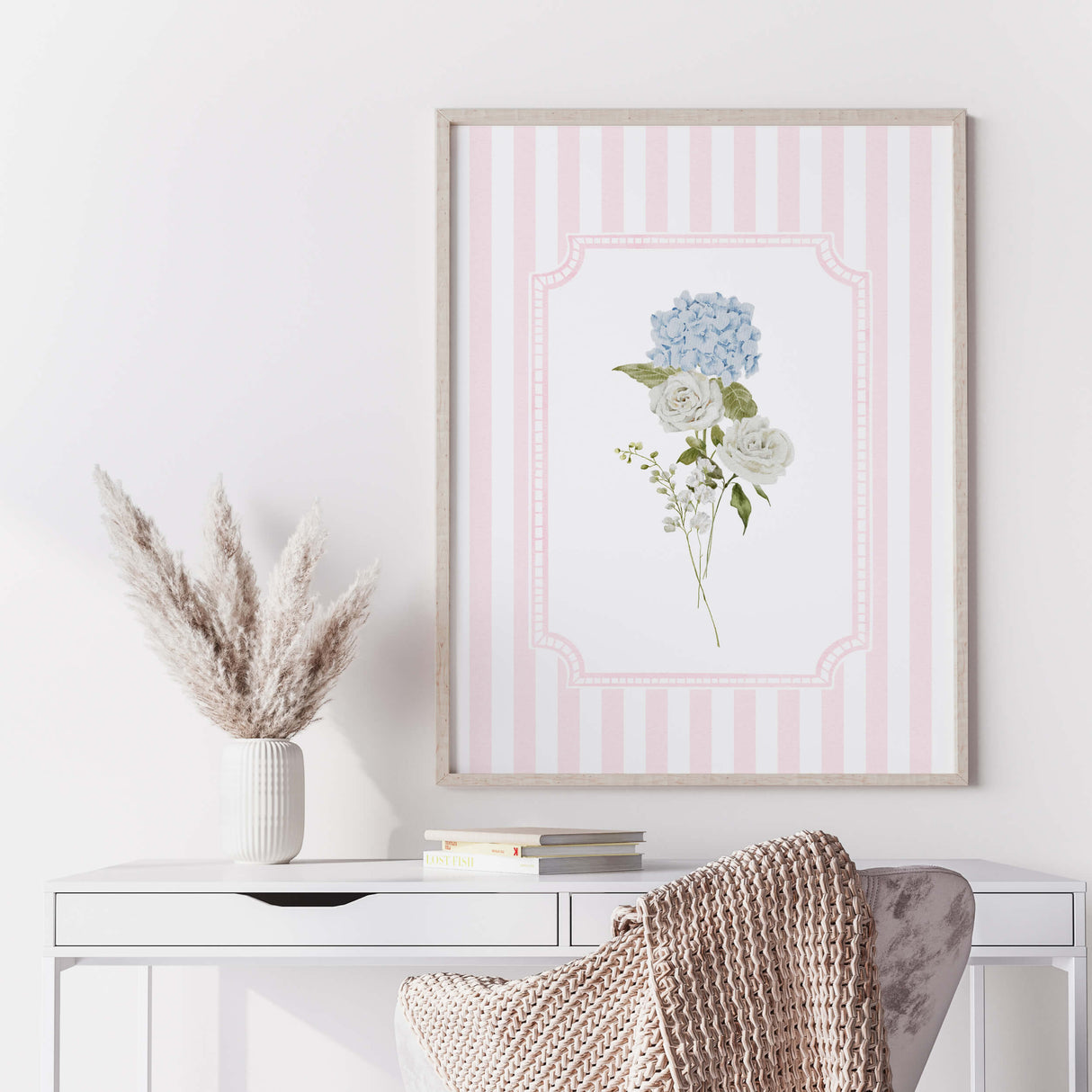 Botanical floral printables with pastel pink background for baby room

