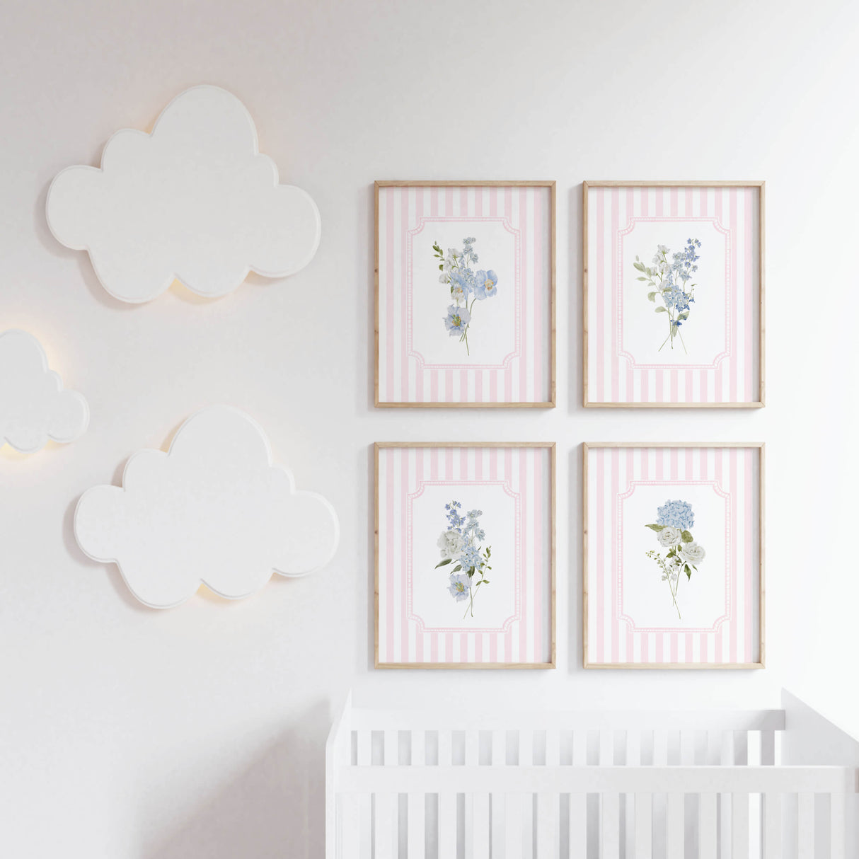 Blue flower nursery wall decor with hydrangeas on pink striped background

