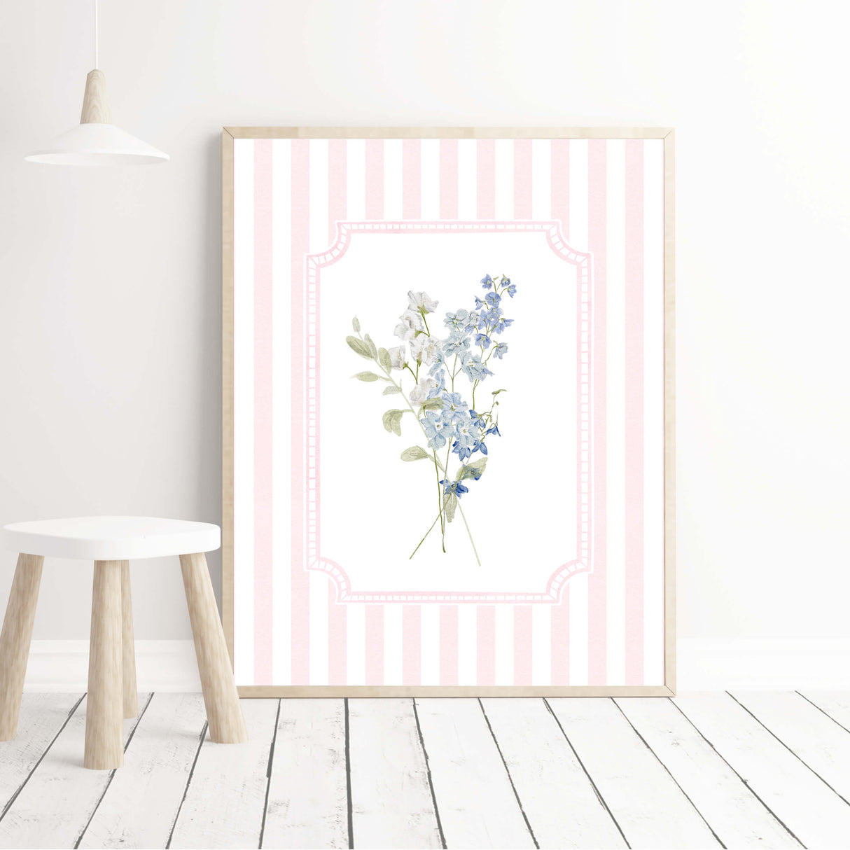 Set of 4 pink stripe flower art prints for gender-neutral nursery

