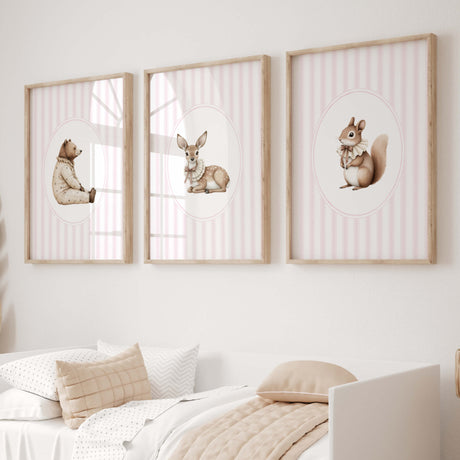 Watercolor vintage woodland animal on pink striped background poster for baby girls room decor, striped nursery decor, beige pink nursery decor, rococo nursery decor, luxury nursery decor, cottagecore nursery decor, baroque nursery decor, includes animals: deer, bear, squirrel, badger.