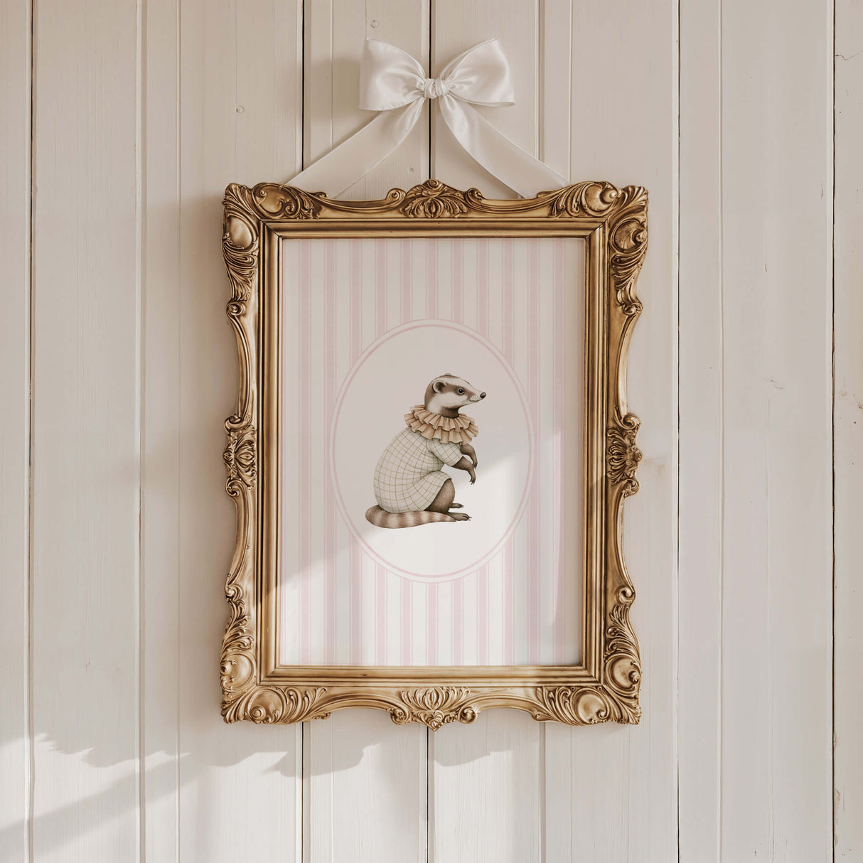Watercolor vintage badger on pink striped background print for baby girls room decor, striped nursery decor, beige pink nursery decor, rococo nursery decor, luxury nursery decor, cottagecore nursery decor, baroque nursery decor.