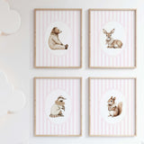 Watercolor vintage forest animal on pink striped background print for baby girls room decor, striped nursery decor, beige pink nursery decor, rococo nursery decor, luxury nursery decor, cottagecore nursery decor, baroque nursery decor, includes animals: deer, bear, squirrel, badger.