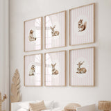Watercolor vintage forest animal on pink striped background print for baby girls room decor, striped nursery decor, beige pink nursery decor, rococo nursery decor, luxury nursery decor, cottagecore nursery decor, baroque nursery decor, includes animals: deer, bear, squirrel, badger.