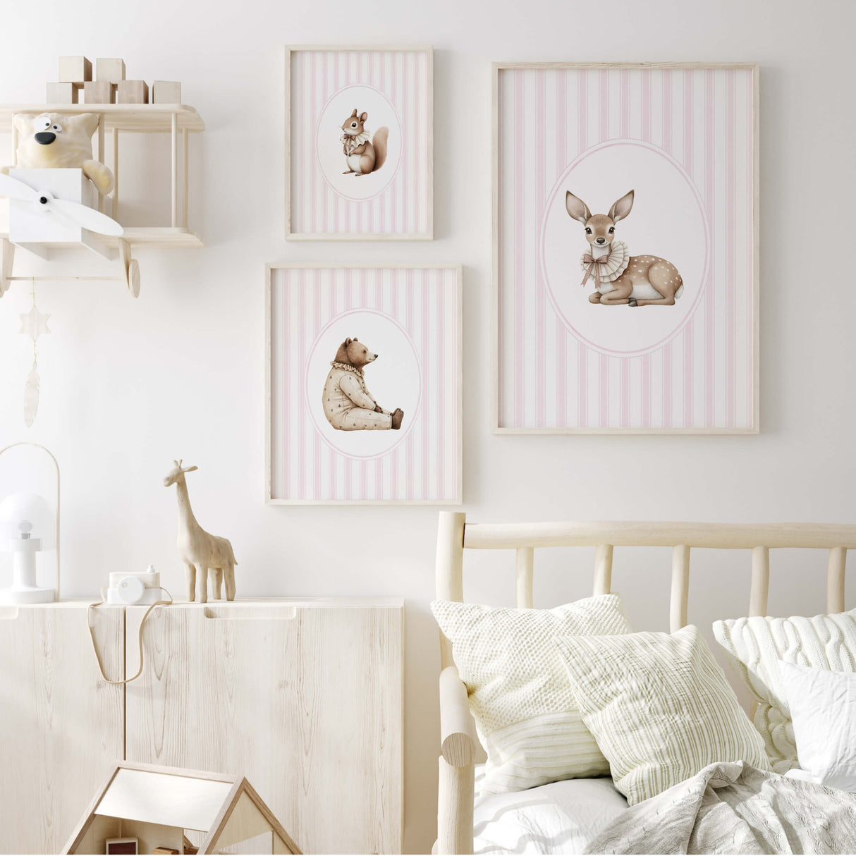 Set of 3 watercolor vintage forest animal on pink striped background print for baby girls room decor, striped nursery decor, beige pink nursery decor, rococo nursery decor, luxury nursery decor, cottagecore nursery decor, baroque nursery decor, includes animals: doe, squirrel, bear.