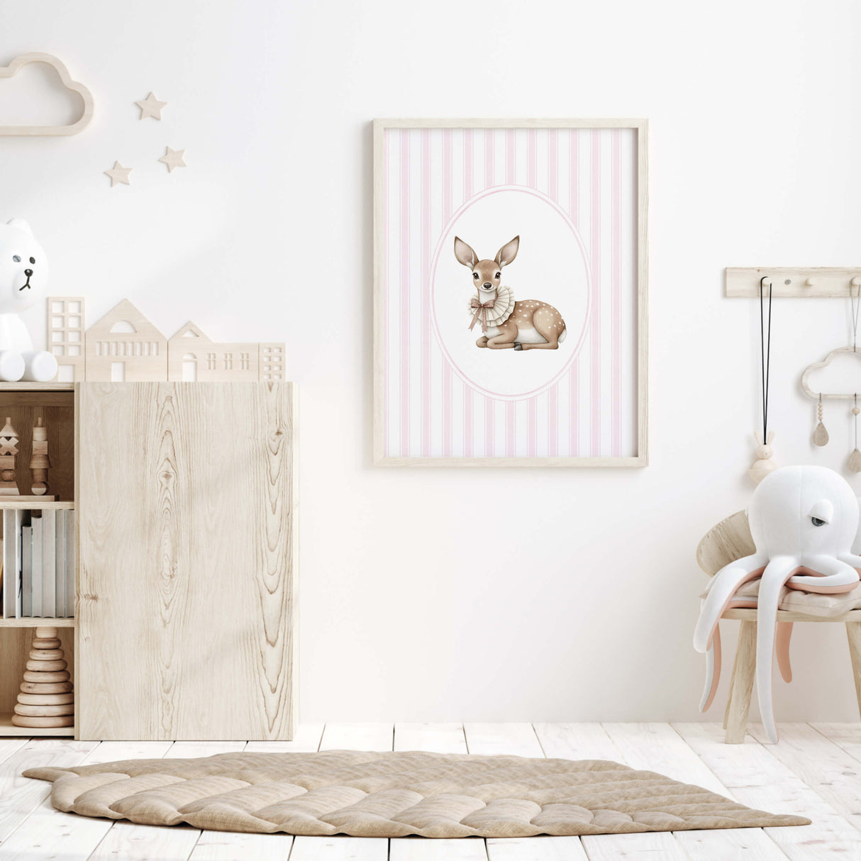Watercolor vintage doe on pink striped background print for baby girls room decor, striped nursery decor, beige pink nursery decor, rococo nursery decor, luxury nursery decor, cottagecore nursery decor, baroque nursery decor.