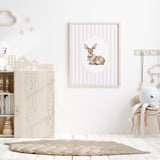 Watercolor vintage doe on pink striped background print for baby girls room decor, striped nursery decor, beige pink nursery decor, rococo nursery decor, luxury nursery decor, cottagecore nursery decor, baroque nursery decor.