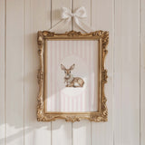 Watercolor vintage doe on pink striped background print for baby girls room decor, striped nursery decor, beige pink nursery decor, rococo nursery decor, luxury nursery decor, cottagecore nursery decor, baroque nursery decor, includes animals: deer, bear, squirrel, badger.