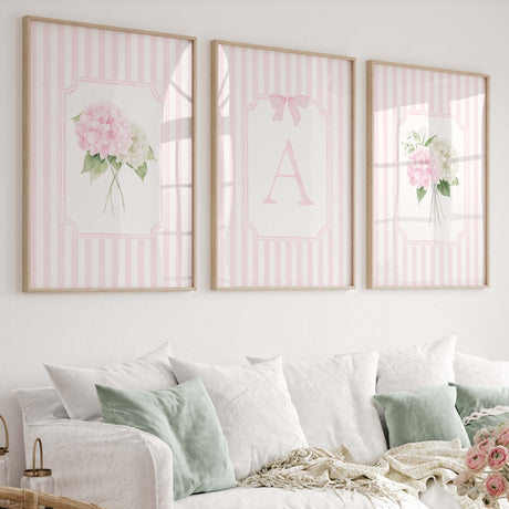 Pink striped hydrangea nursery wall art printable with bows and initial letters gallery wall