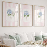 Pink striped hydrangea wall art printable set of 6 digital flower prints for nursery decor