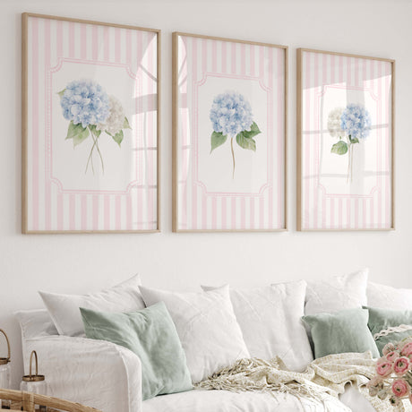 Pink striped hydrangea wall art printable set of 6 digital flower prints for nursery decor