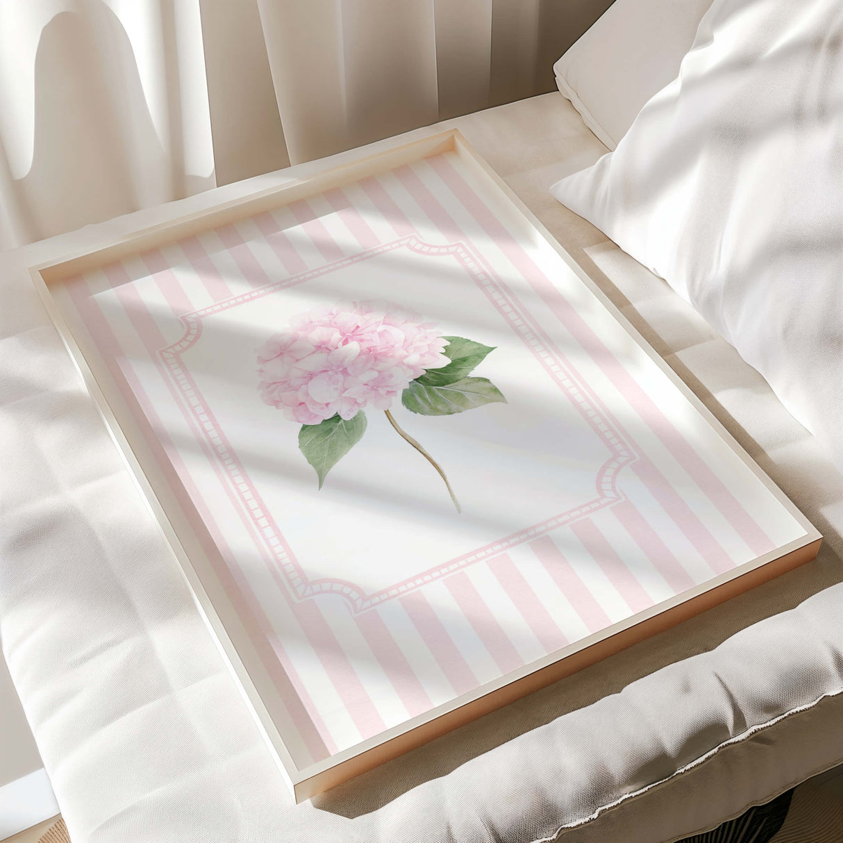 Pink hydrangea watercolor flower prints set of 6 pink striped background wall art
