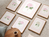 Botanical pink hydrangea flower prints pink stripe nursery wall art digital download