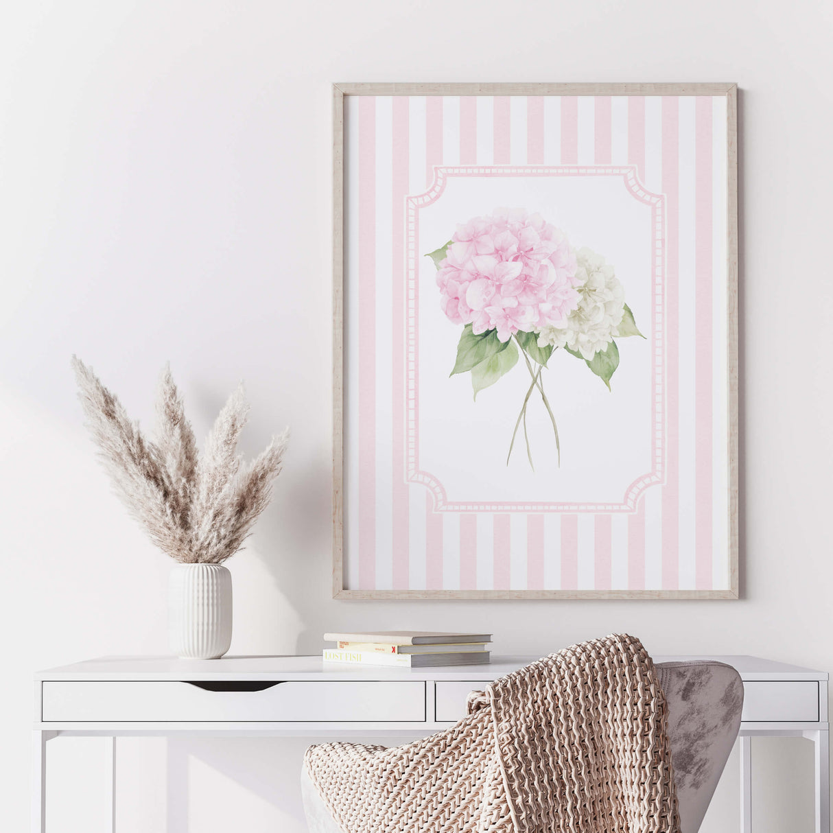 Pink and white hydrangea floral wall art set of 6 watercolor prints pink stripe background