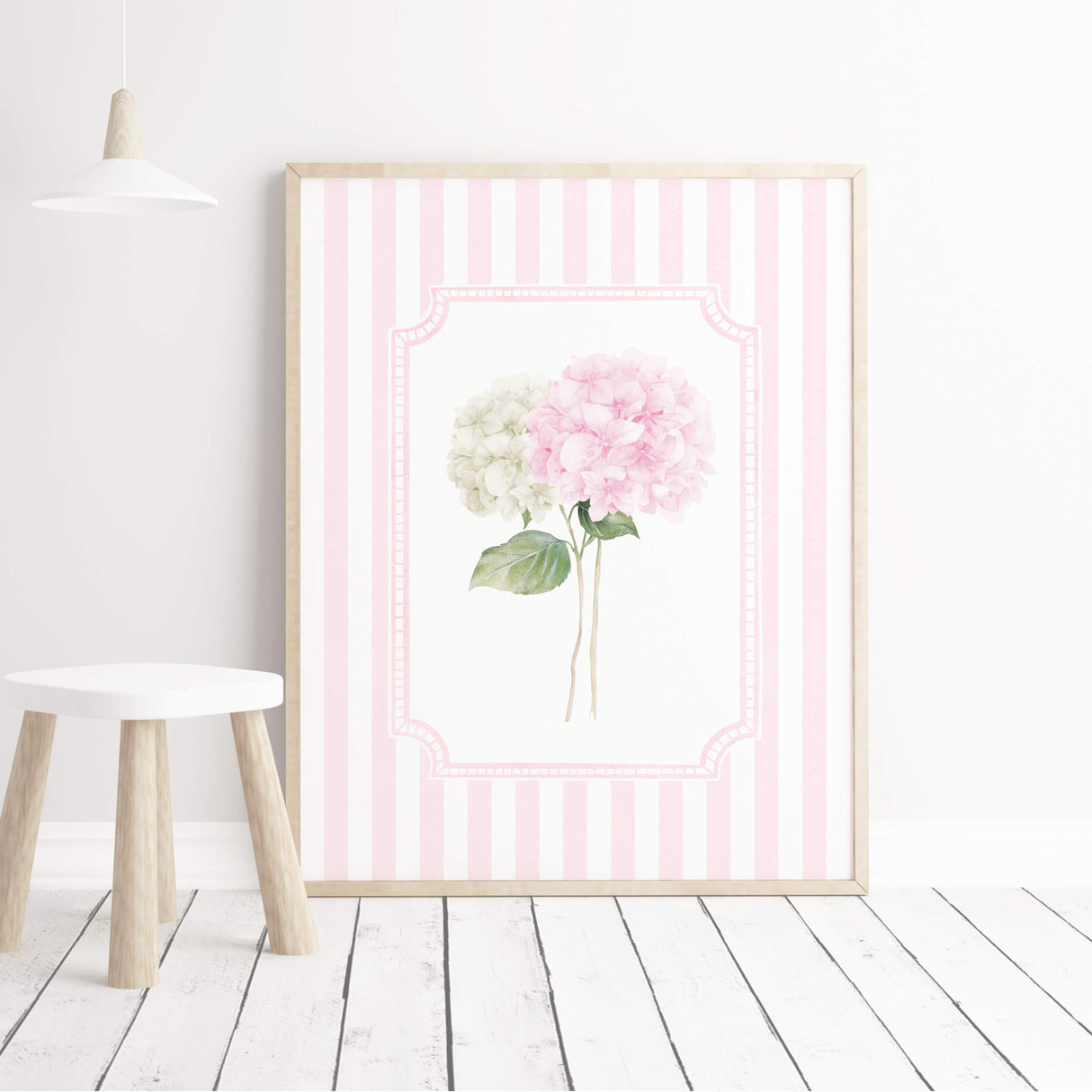 Pink hydrangea printable wall art set digital download pink striped flower posters