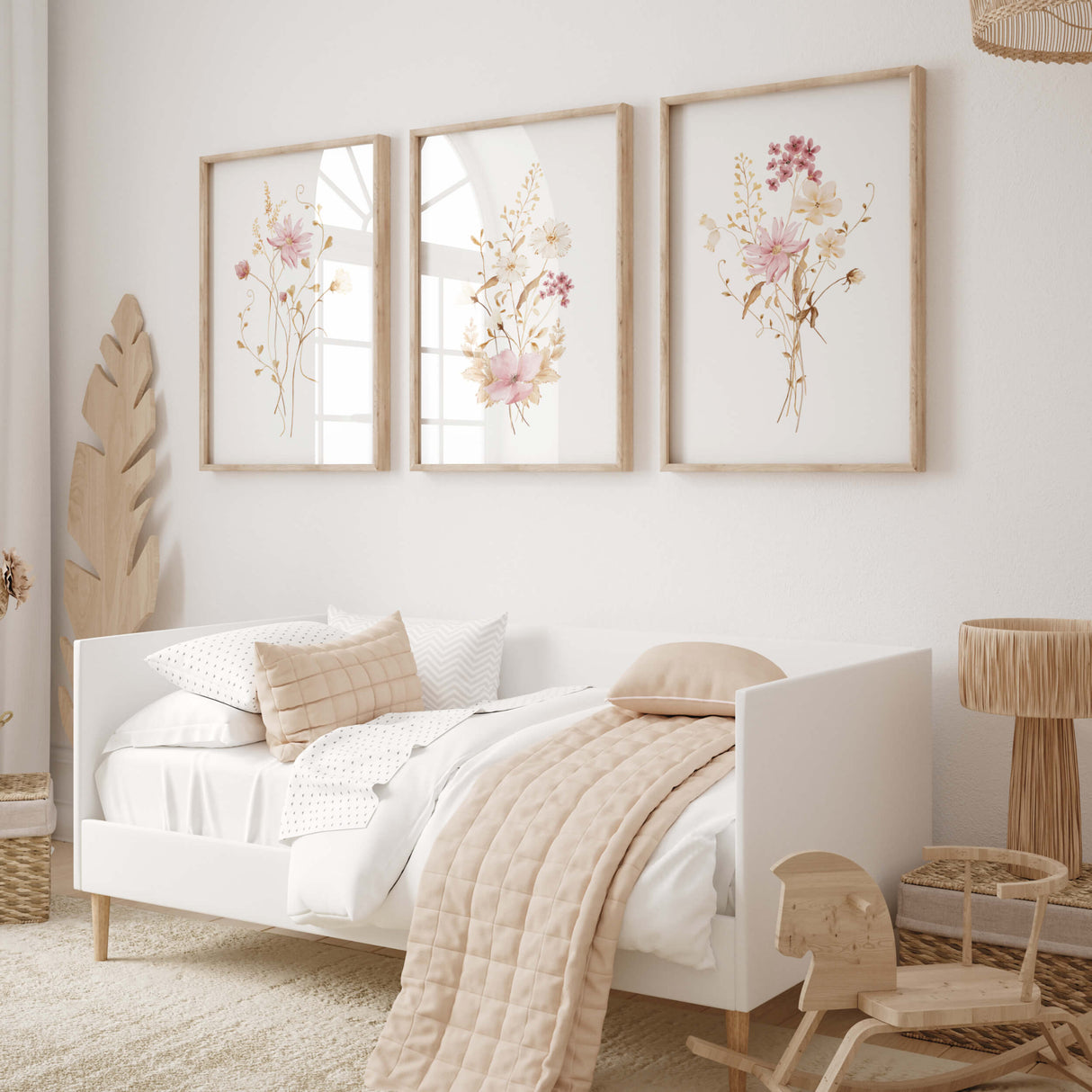 Watercolor pink beige wild flower print for neutral home decor and beige white wall decor.
