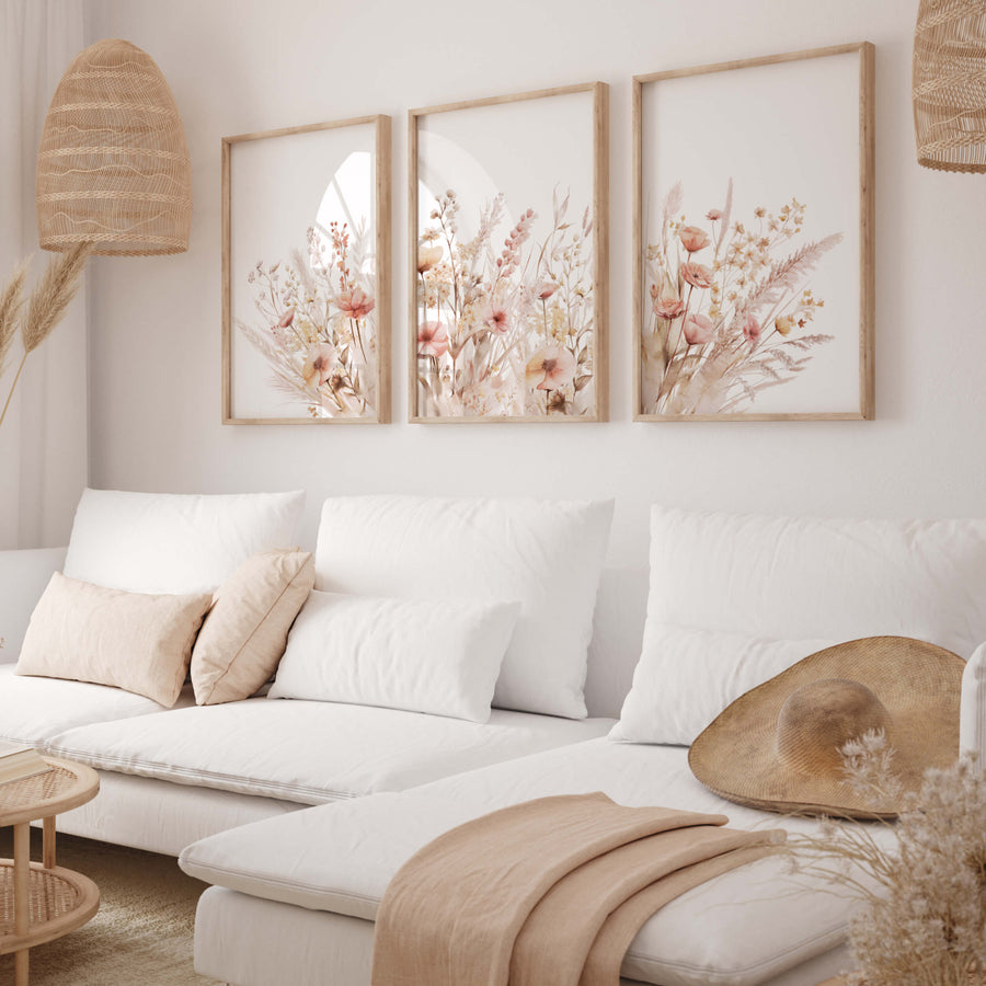 Wildflower Prints - Pink Beige - Set of 3 – Neutral Nursery Decor