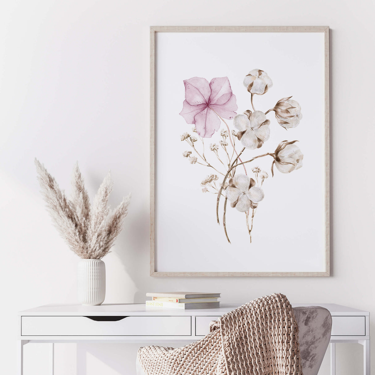 Watercolor beige pink flower print for neutral spring home decor.