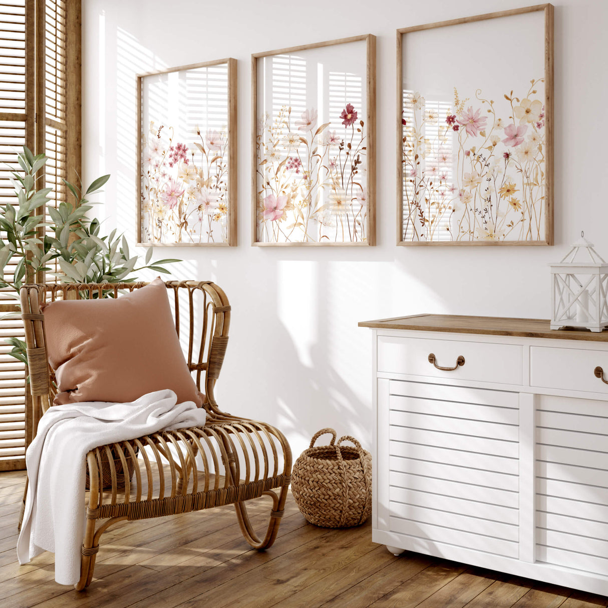 Watercolor yellow and light pink wildflower printable for boho  home decor.