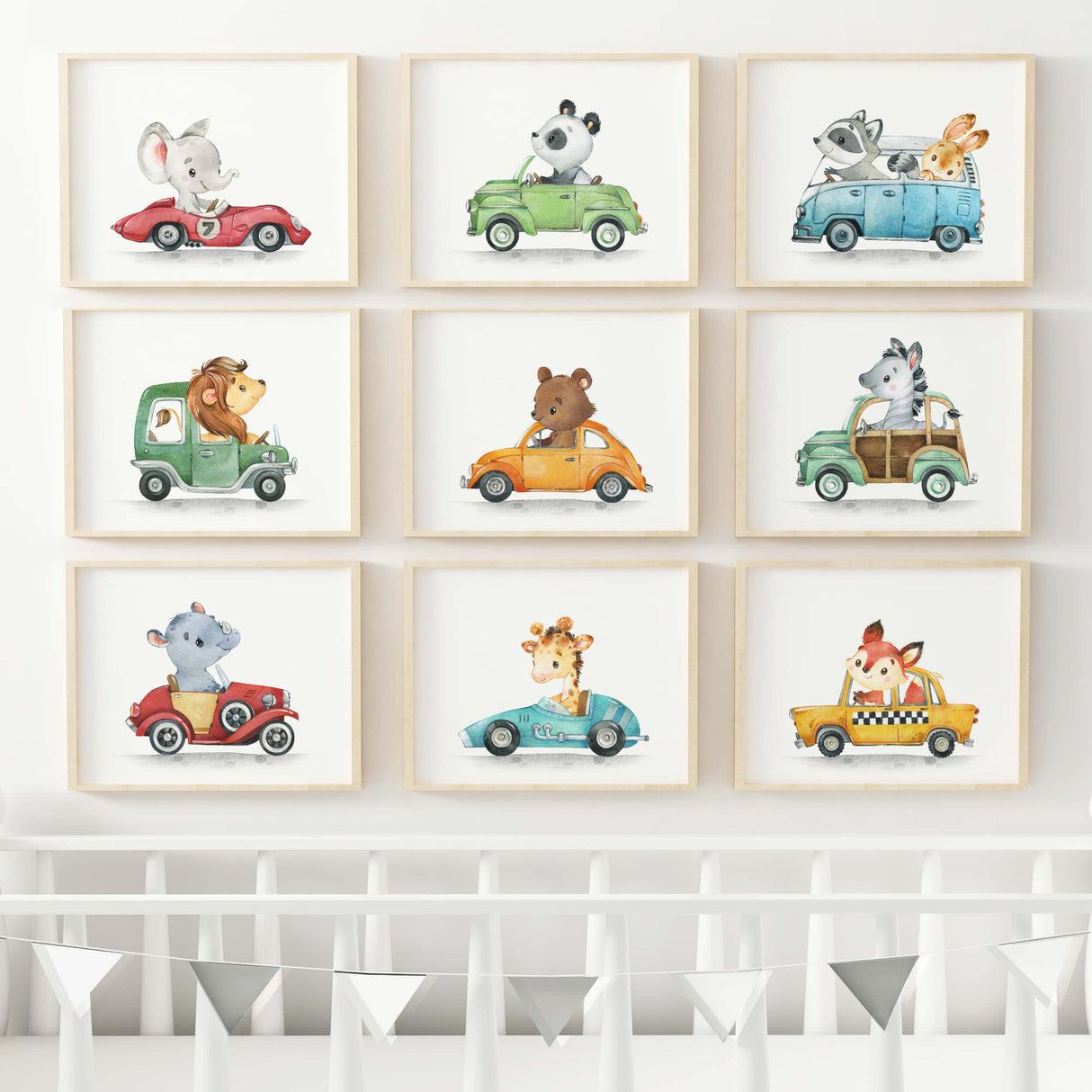 Set of 9 vintage cars animals print for toddler room decor and baby boys room decor.