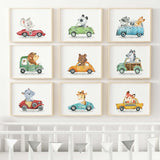 Set of 9 vintage cars animals print for toddler room decor and baby boys room decor.