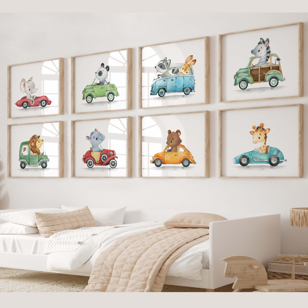 Cars with Animals Nursery Prints Set of Horizontal – Neutral