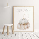 Watecolor beige autumn poster with pumpkin and hello autumn quote for neutral home decor.