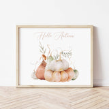 Watercolor pumpkin printable with hello autumn quote and white, green, orange pumpkin for neutral autumn home decor.