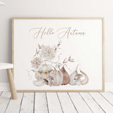 Beige white pumpkin and fall flower print for neutral autumn home decor.