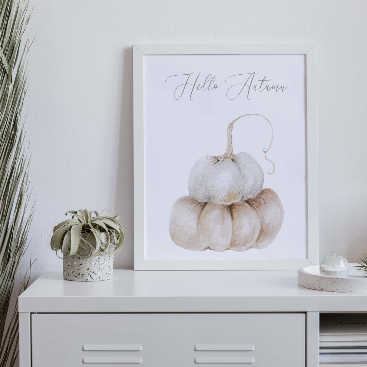 Watecolor beige hello pumpkin print for neutral home decor.