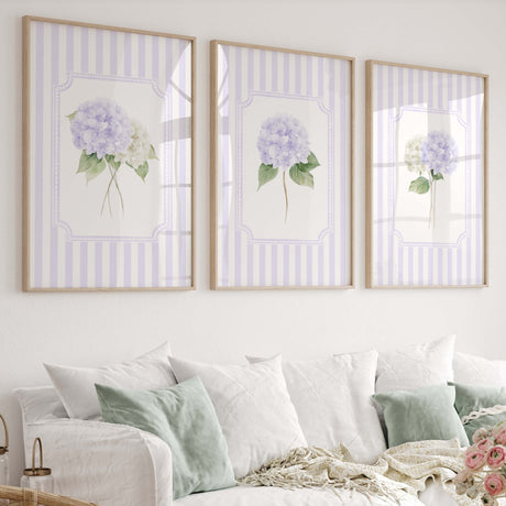Hydrangea floral wall art printable set of 6 lilac striped botanical prints digital download