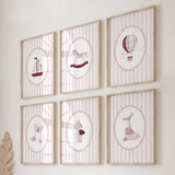 Pink nursery wall art set of 6 with hot air balloon rocking horse ship goose mushroom and butterflies

