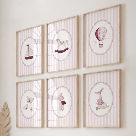 Pink nursery wall art set of 6 with hot air balloon rocking horse ship goose mushroom and butterflies

