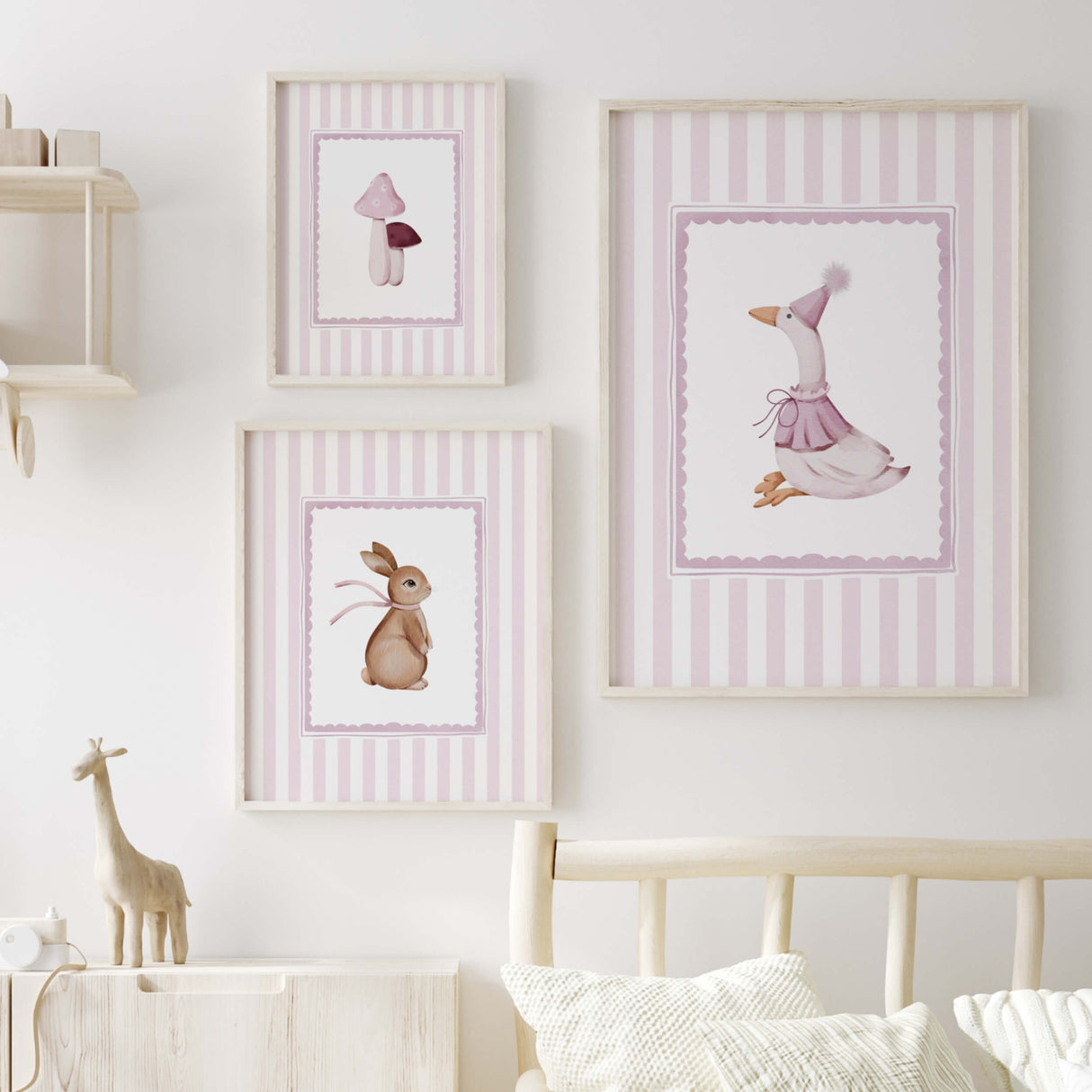 Printable bunny goose mushroom wall posters for pastel baby girl nursery

